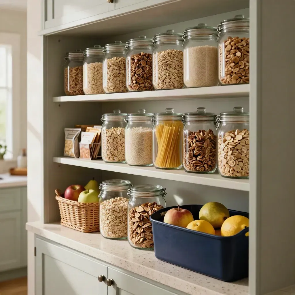 Pantry shelf reset with clear canisters, woven bins and produce baskets on travertine.