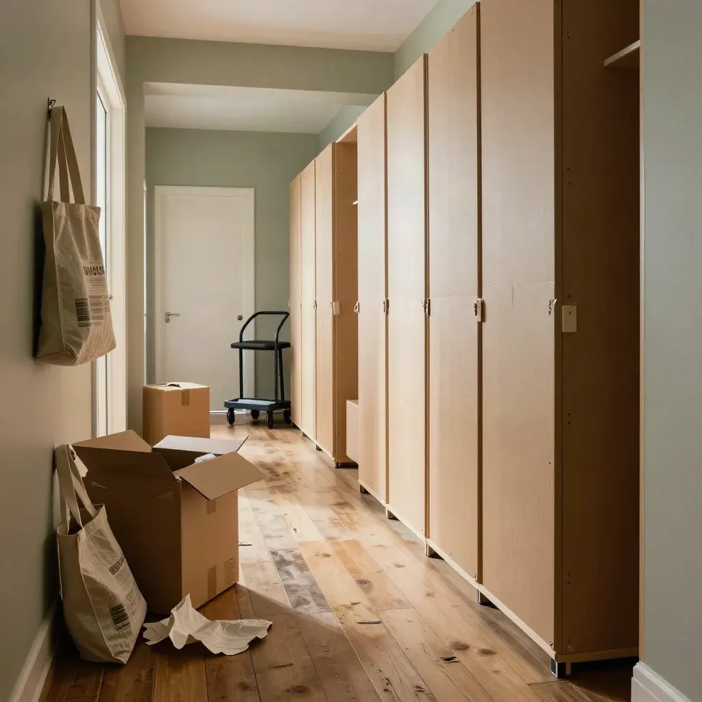 Hallway of packed moving boxes beside an open closet, lit by an open door.