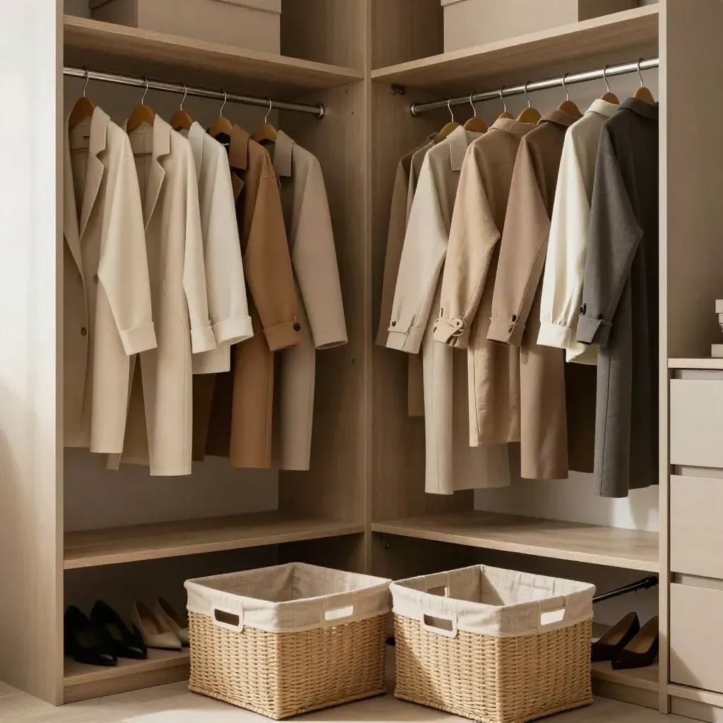 Organized shared closet with coordinated outfits, shoes, and storage baskets in warm neutrals.