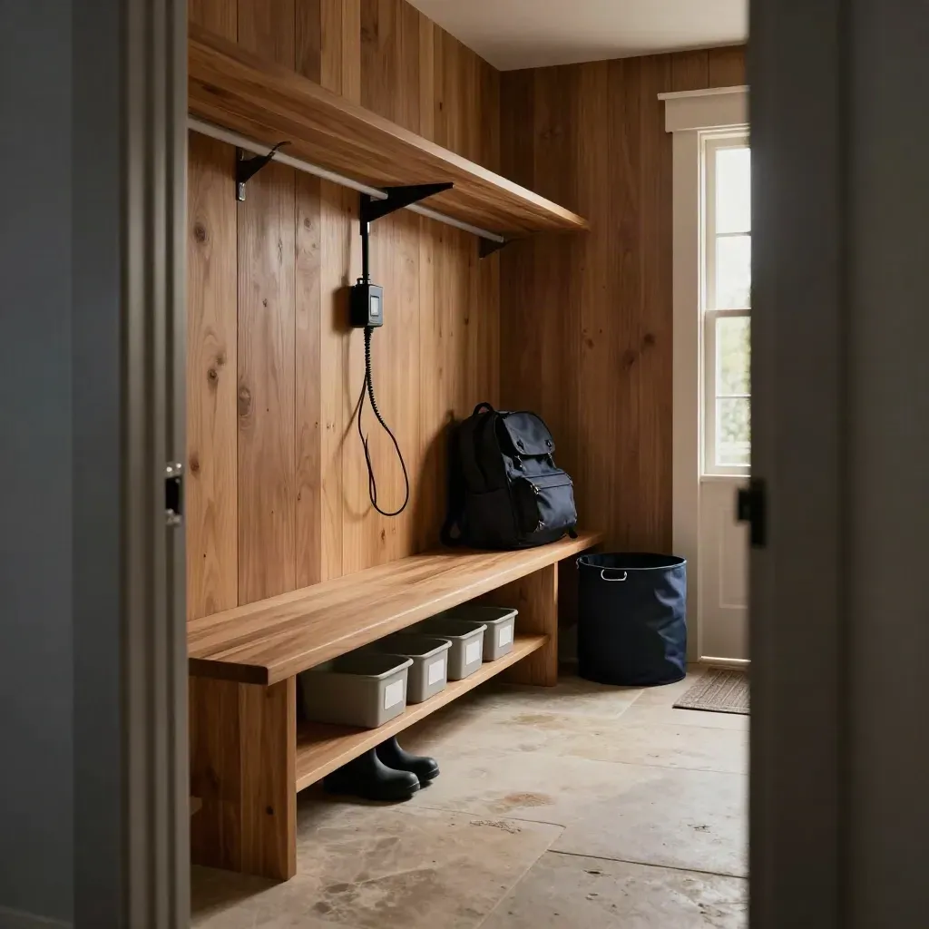 Blue-hour family mudroom with baskets, shoe bench, charging shelf, and ready bins.