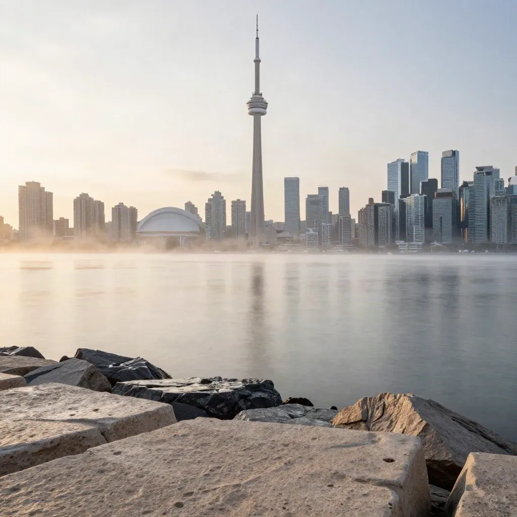 Toronto skyline and CN Tower above a misty waterfront at sunrise, calm water below