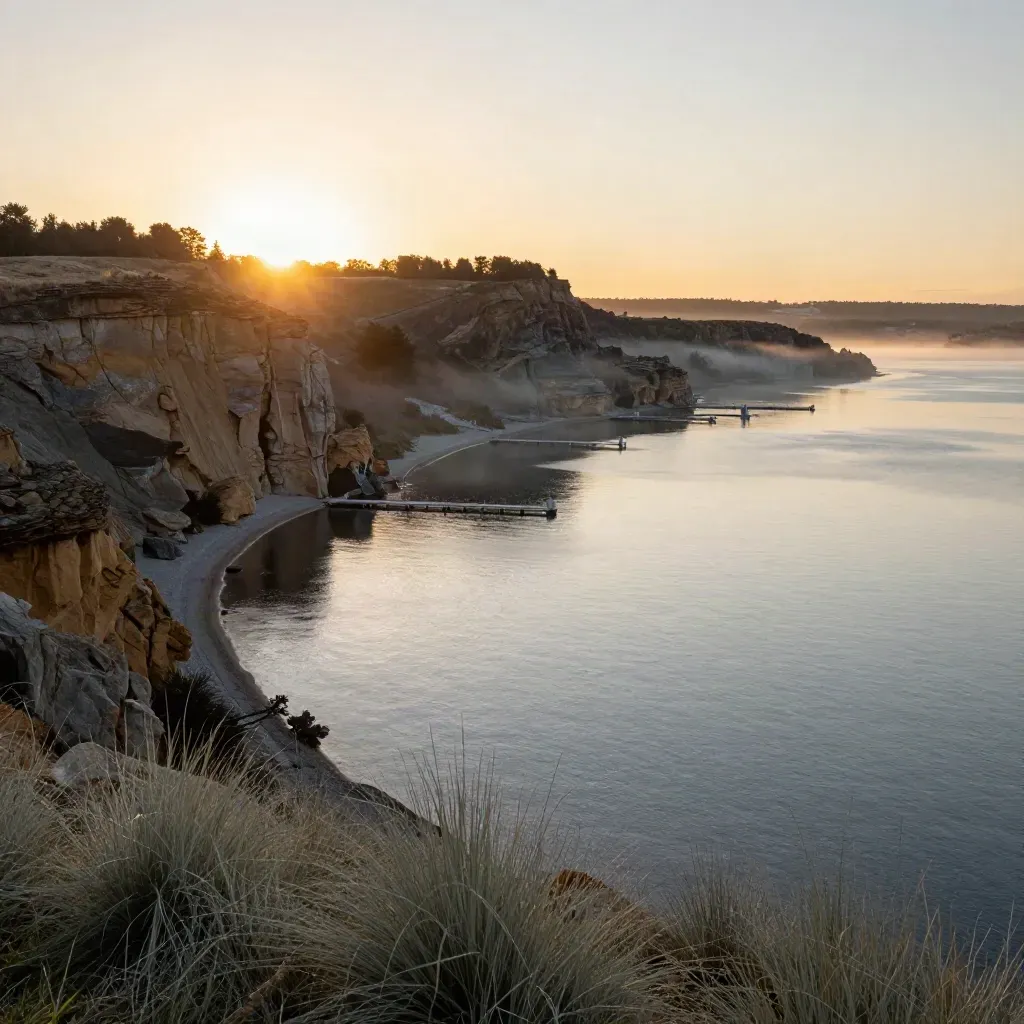 Halton escarpment and Oakville waterfront in warm mist, with calm water and a high golden horizon.