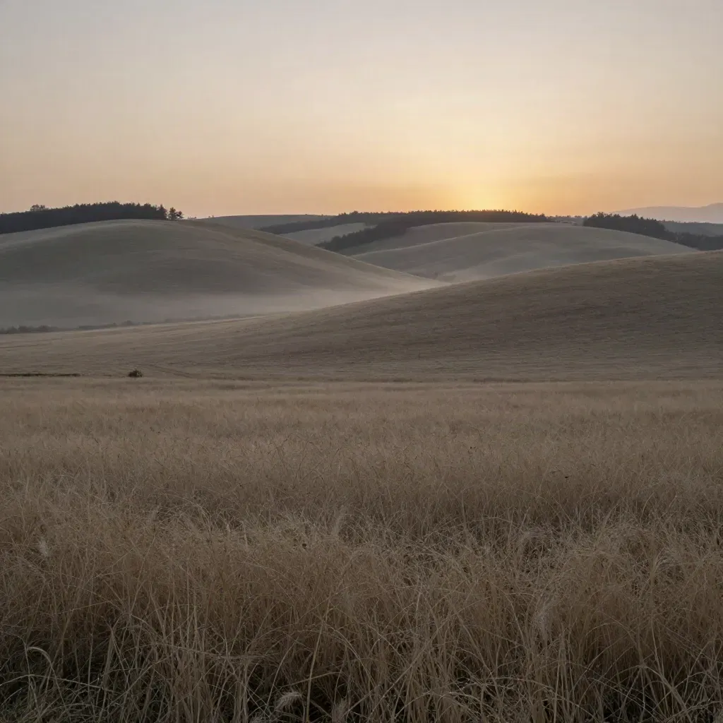 Caledon hills at dusk with hazy fields and a distant tree line.